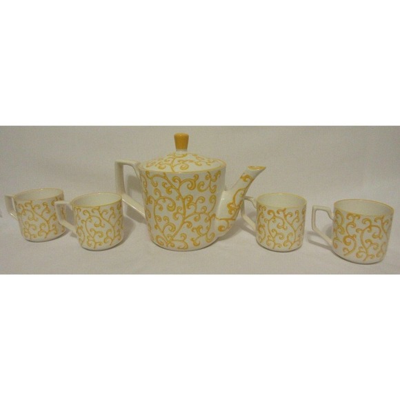 Pier 1 Imports Porcelain Teapot Set 4 Cups Hand Painted Yellow Scroll Modern - Picture 4 of 12